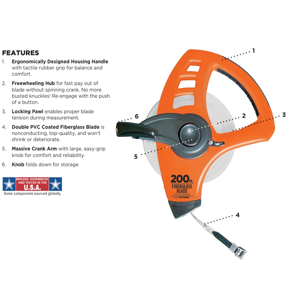 KESON 200' Freewheeling Fiberglass Tape Measure FLT10200