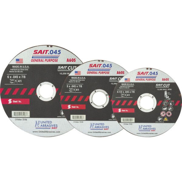 Photo of: United Abrasives 23101 A60S General Photo of: United Abrasives 23101 A60S General Purpose Cut-Off Wheel Type 1/Type 41 Flat 4 1/2" x .045" x 7/8"