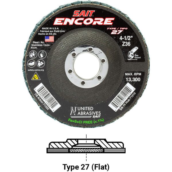 Photo of: United Abrasives 71205 ENCORE 4-1/2" x 7/8" Type 27 Regular Density Flap Disc