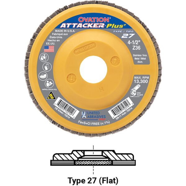 United Abrasives 72314 4-1/2" x 5/8" - 11 Ovation Attacker Plus High Density Flap Disc 10 Pack