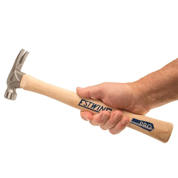 The Estwing Pro 23-oz. California Hammer with a forged solid-steel head features a rip claw and a top-grade genuine hickory handle.