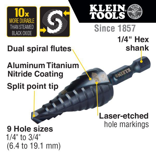 Photo of: Klein Tools QRST03 Step Drill Bit, Quick Release, Double Spiral Flute, 1/4 to 3/4-Inch