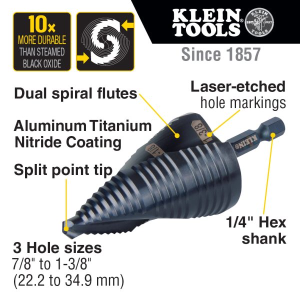 Photo of: Klein Tools QRST15 Step Drill Bit, Quick Release, Double Spiral Flute, 7/8 to 1-3/8-Inch