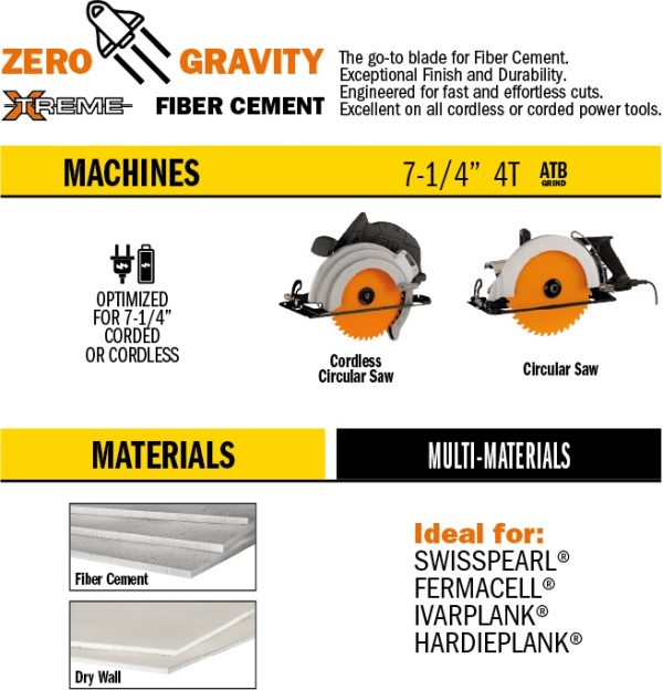 Photo of: CMT Orange Tools 236.304.07 7-1/4” x 4T x 5/8” Zero Gravity For Fiber Cement