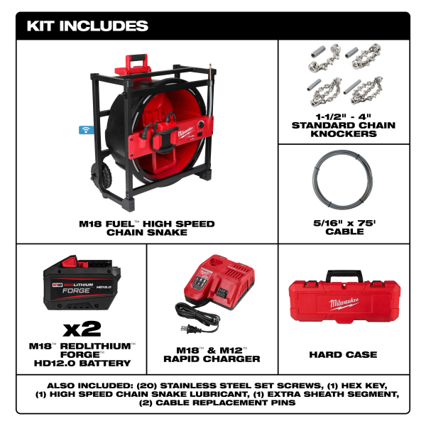 Milwaukee 2819-22 M18 FUEL™ High Speed Chain Snake for 1-1/2” – 4” Pipes