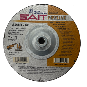 United Abrasives SAIT 22052 A24R General Purpose Pipeline Wheel Type 27 Depressed Center 7" x 1/8" x 5/8-11" 5/8"-11 Super-Lock™ Hub