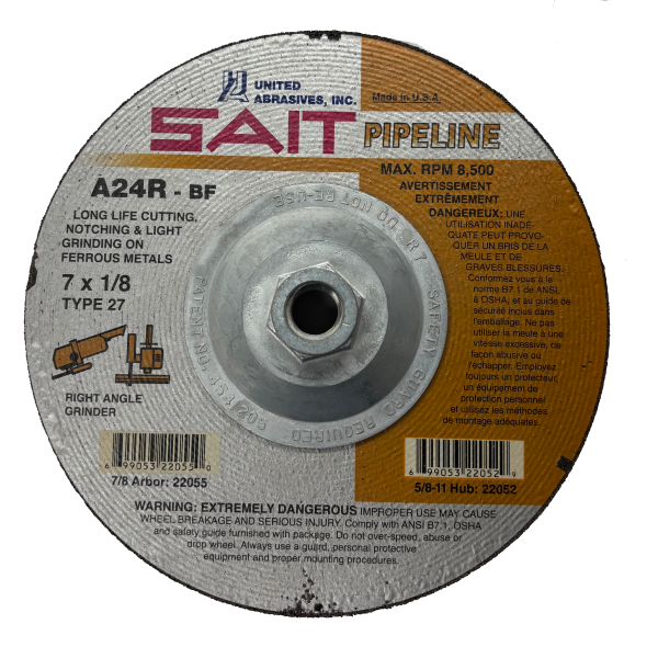 United Abrasives SAIT 22052 A24R General Purpose Pipeline Wheel Type 27 Depressed Center 7" x 1/8" x 5/8-11" 5/8"-11 Super-Lock™ Hub
