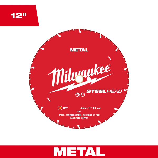 The image shows a red 12” STEELHEAD™ Metal Cutting Diamond Blade by Milwaukee, designed for cutting metal materials including steel, stainless steel, schedule 40 pipe, cast iron, and copper. The blade is labeled for dry use with an arbor size of 1 inch and 20 mm.