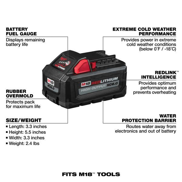 Milwaukee 48-11-1862 M18™ REDLITHIUM™ HIGH OUTPUT™ XC6.0 Battery Pack (2 Pk)