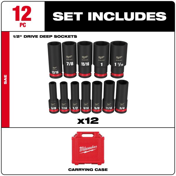 Milwaukee 49-66-7011 12PC SHOCKWAVE™ Impact Duty 1/2" Drive SAE Deep 6 Point Socket Set