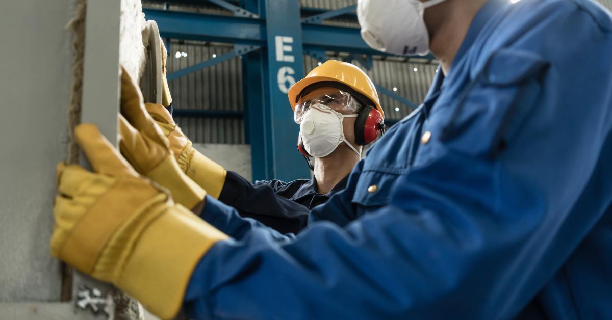 Two factory workers wearing protective gear, including safety gloves, touch an industrial pressure vessel.
