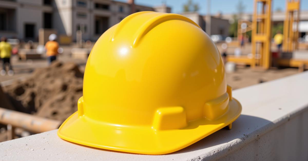 A bright, yellow hard hat sits on a concrete block at a construction site. Sunlight reflects onto the hat.