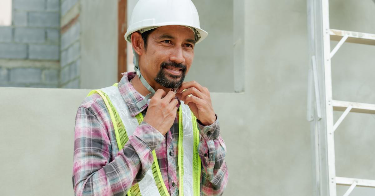 A man wears a hard hat and adjusts its straps. The man also wears a mesh reflective vest and a plaid shirt.