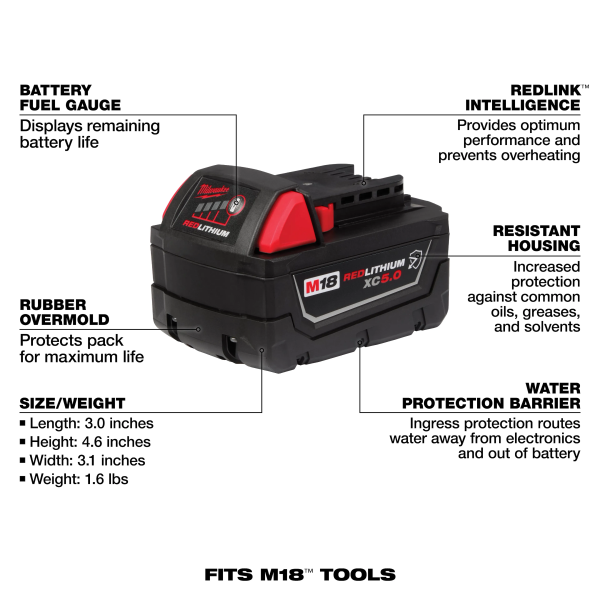 Milwaukee 48-11-1852 M18™ REDLITHIUM™ XC5.0 Extended Capacity Battery Two Pack