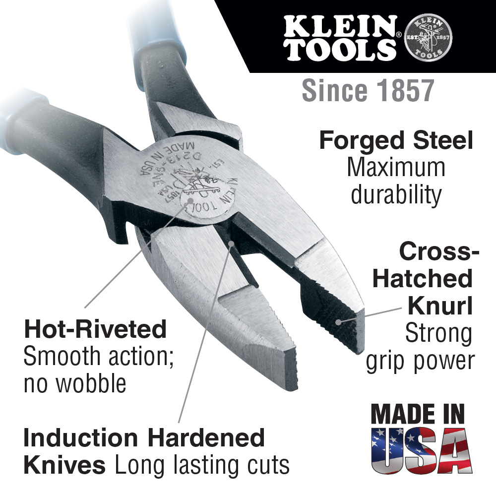 Klein Tools D213-9NE Lineman's Pliers, New England Nose, 9-Inch