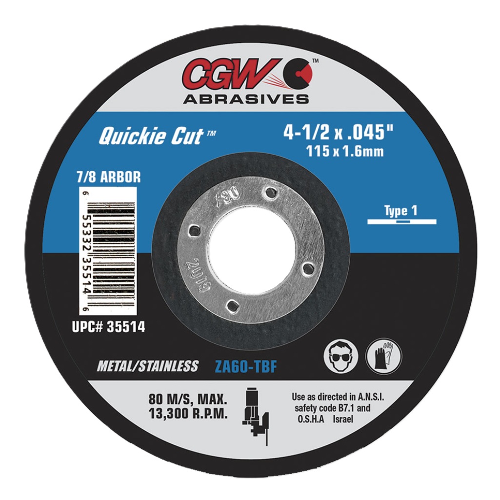 CGW Abrasives 35514 4-1/2 x .045 x 7/8 ZA36T Quickie Cut™ Type 1 Extra Thin Cut-Off Wheel 25 Pack