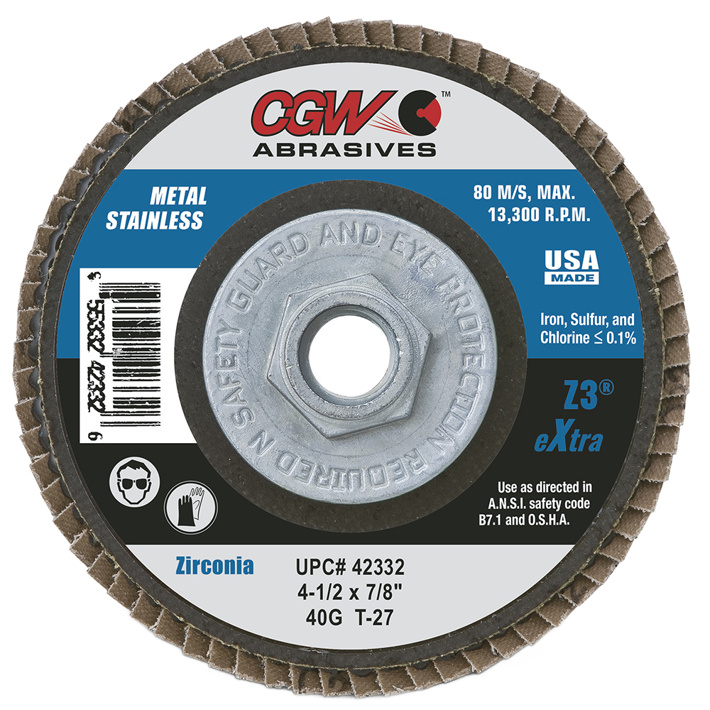 CGW Abrasives 42302 4-1/2" x 7/8" eXtra Z3 Zirconia Flap Disc 40 Grit 10 Pack