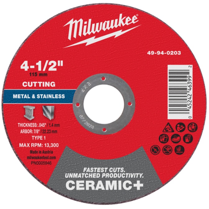 Milwaukee 49-94-0203 4-1/2" x .045" x 7/8" Ceramic+ Metal Cut Off Wheel -Type 1 25 Pack