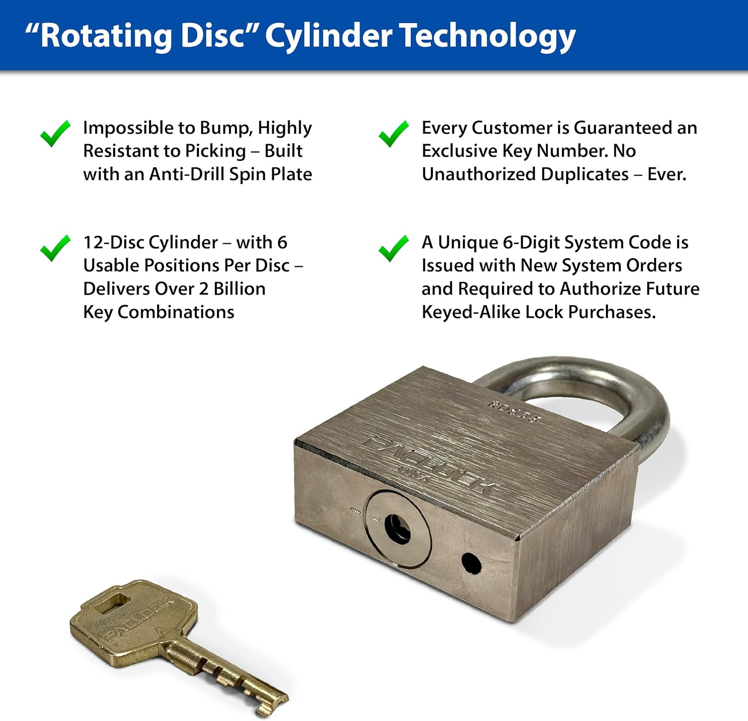 PACLOCK RD-3S Stainless Steel Padlock High Security Rotating Disc Cylinder 3/8" Diameter Hard Stainless Steel Shackle