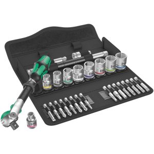 WERA 8100 SB 6 Zyklop ratchet and socket set with metric sockets, screwdriver bits, and textile storage pouch on white background