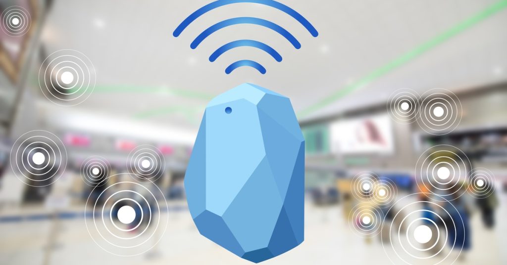 A 3D blue Bluetooth beacon transmitting wireless signals inside a busy commercial building with signal wave icons.
