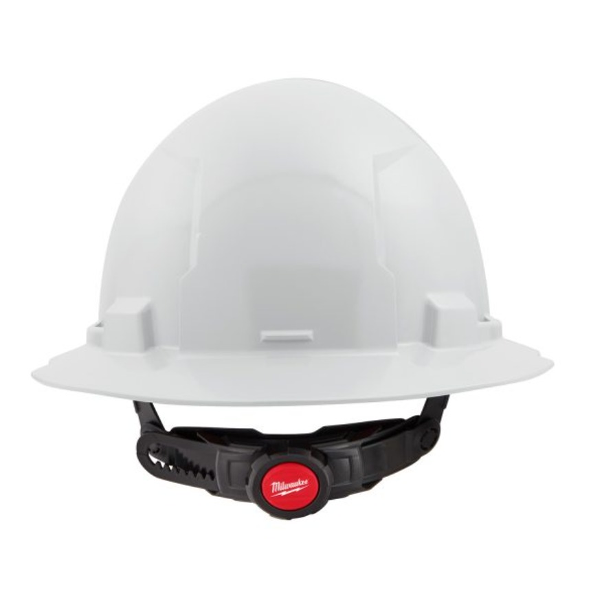 A single, white hard hat on a white background. The black chin strap has the brand name "Milwaukee" on it.