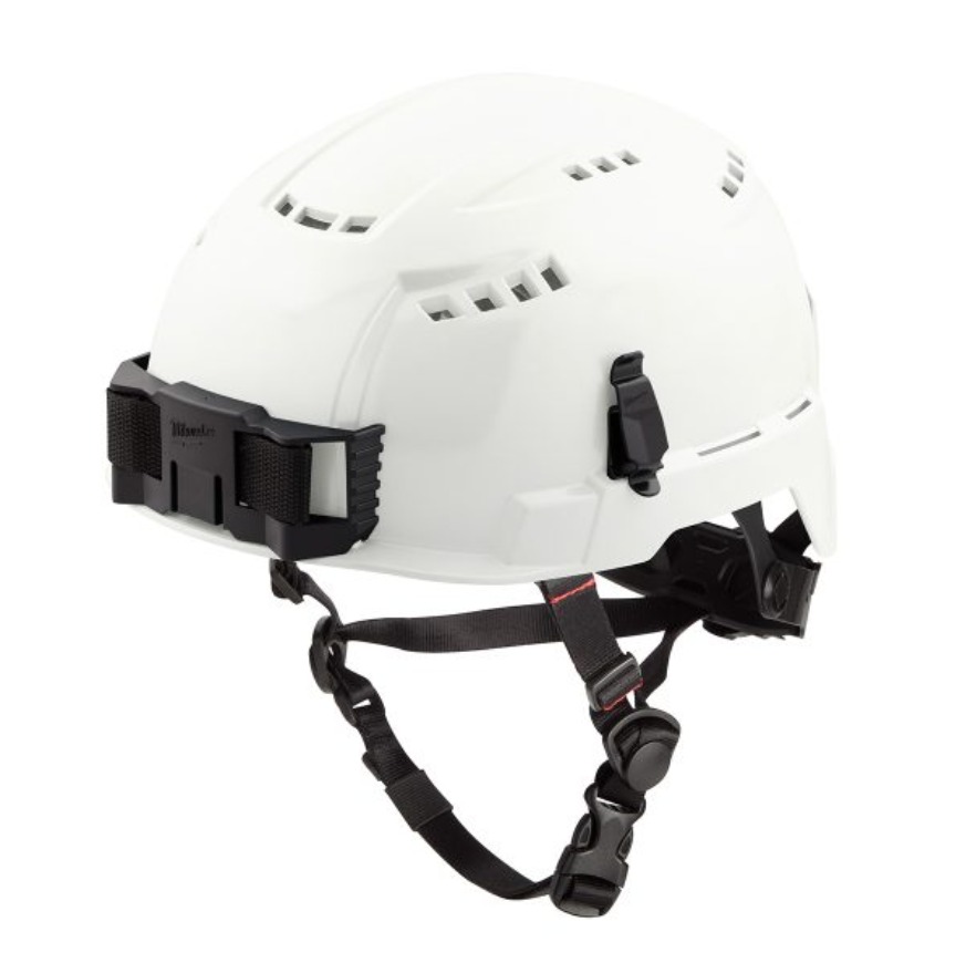 A white hard hat with multiple vents in the helmet part. There are several black straps hanging below it.