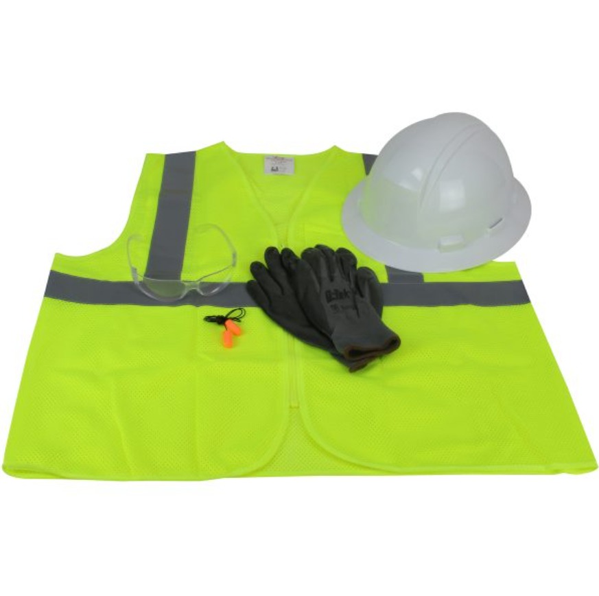 A collection of personal protection equipment including a hard hat, a yellow safety vest, and thick work gloves.