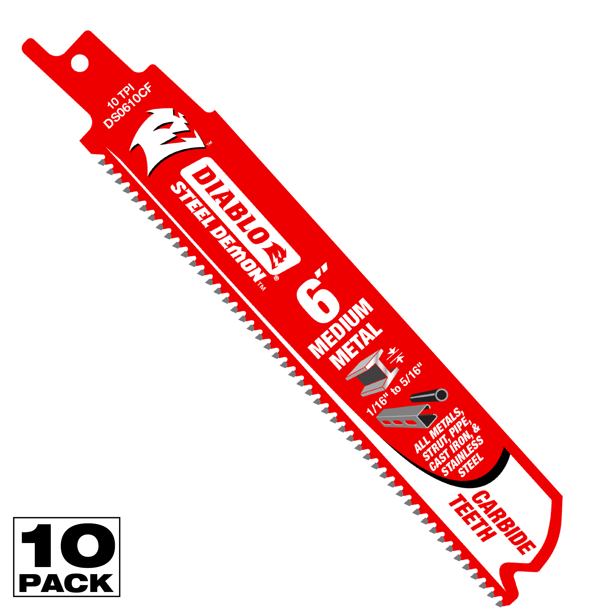 Diablo DS0610CF10 - 6" 10TPI Steel Demon™ Carbide Teeth Reciprocating Saw Blades for Medium Metal (10-pk)
