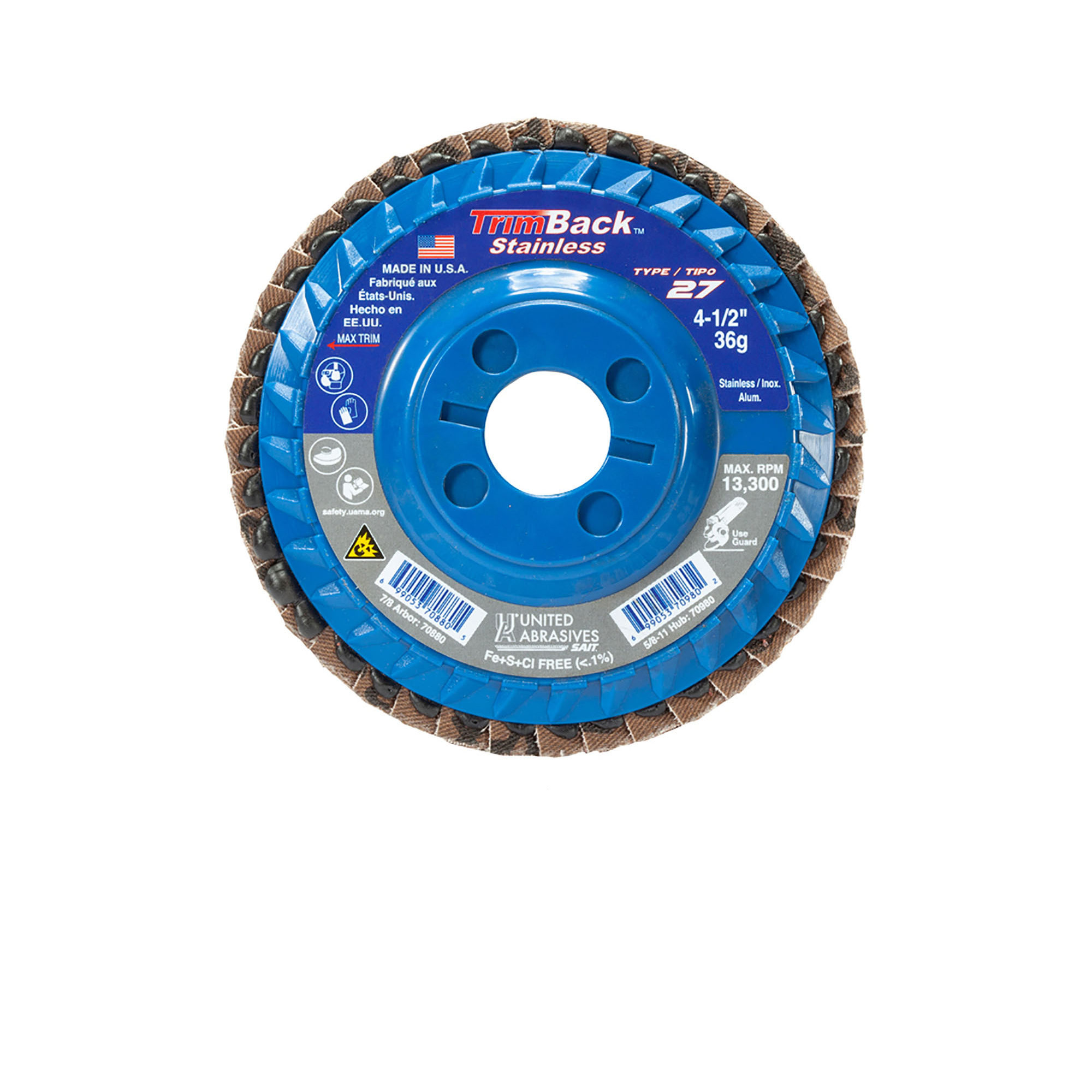 United Abrasives SAIT TrimBack™ Stainless – Type 29 Regular Density Flap Disc 7/8 Arbor - No Hub