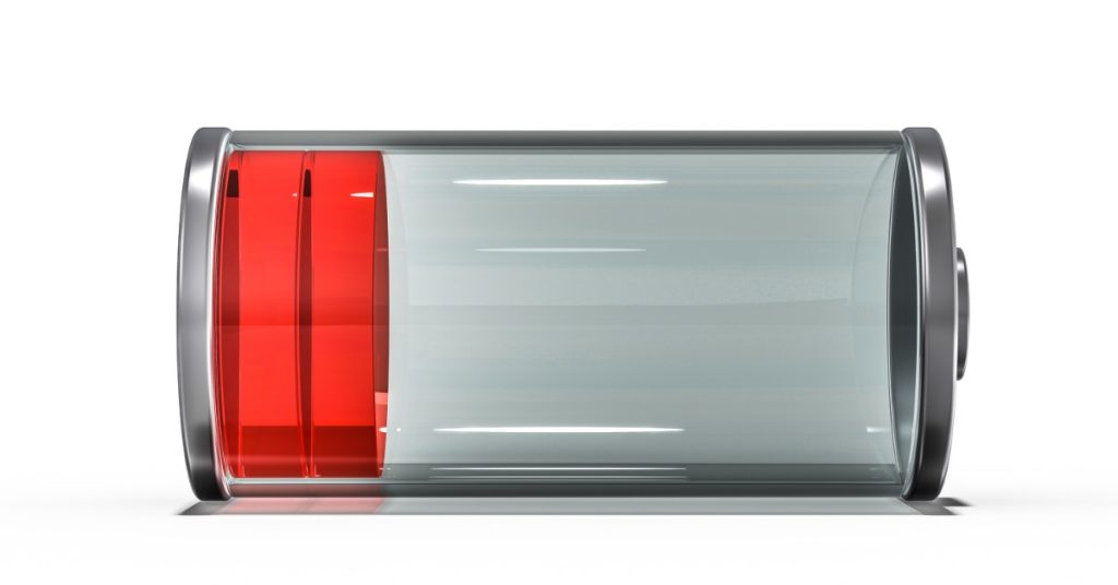 A 3D rendered glass battery icon with a low red charge indicator on the left side against a white background.