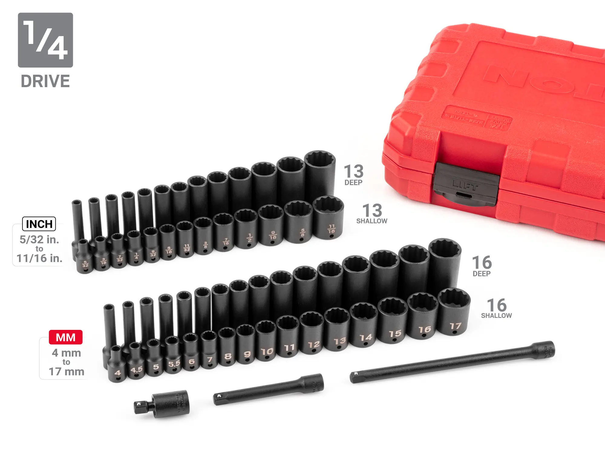 TEKTON SID99404 211-Piece 1/4, 3/8, 1/2 Inch Drive Shallow and Deep 12-Point Impact Socket and Accessory Set with Cases (5/32 - 1-1/2 in., 4 - 39 mm)