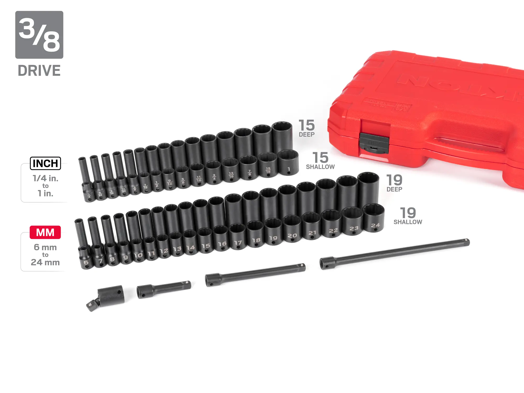 TEKTON SID99404 211-Piece 1/4, 3/8, 1/2 Inch Drive Shallow and Deep 12-Point Impact Socket and Accessory Set with Cases (5/32 - 1-1/2 in., 4 - 39 mm)