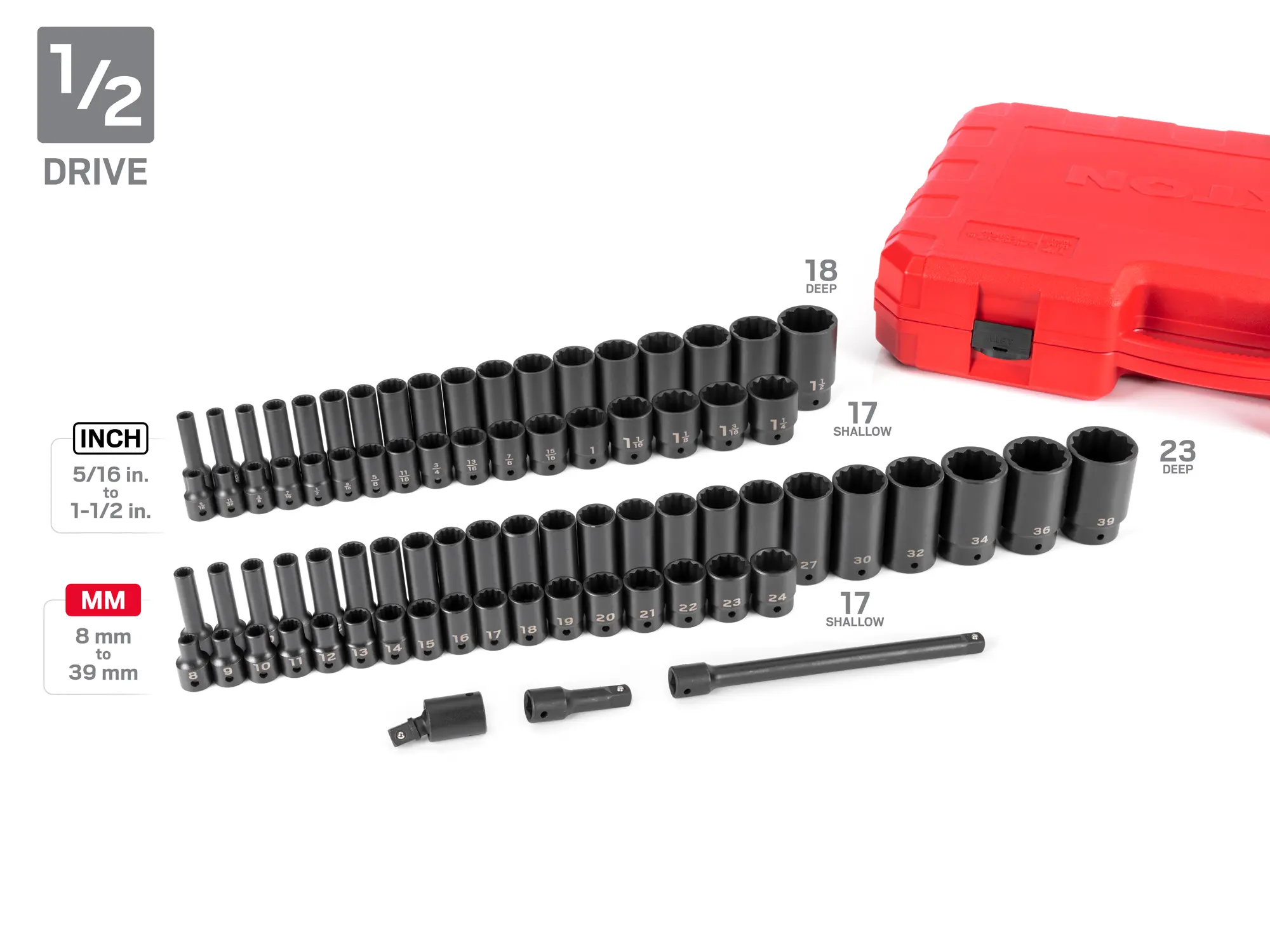 TEKTON SID99404 211-Piece 1/4, 3/8, 1/2 Inch Drive Shallow and Deep 12-Point Impact Socket and Accessory Set with Cases (5/32 - 1-1/2 in., 4 - 39 mm)