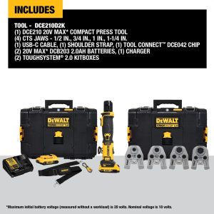 DEWALT DCE210D2K - 20V MAX Lithium-Ion Cordless Compact Press Tool Kit with (2) 2.0 Ah Batteries, Charger, (4) Press Jaws and (2) Kitboxes